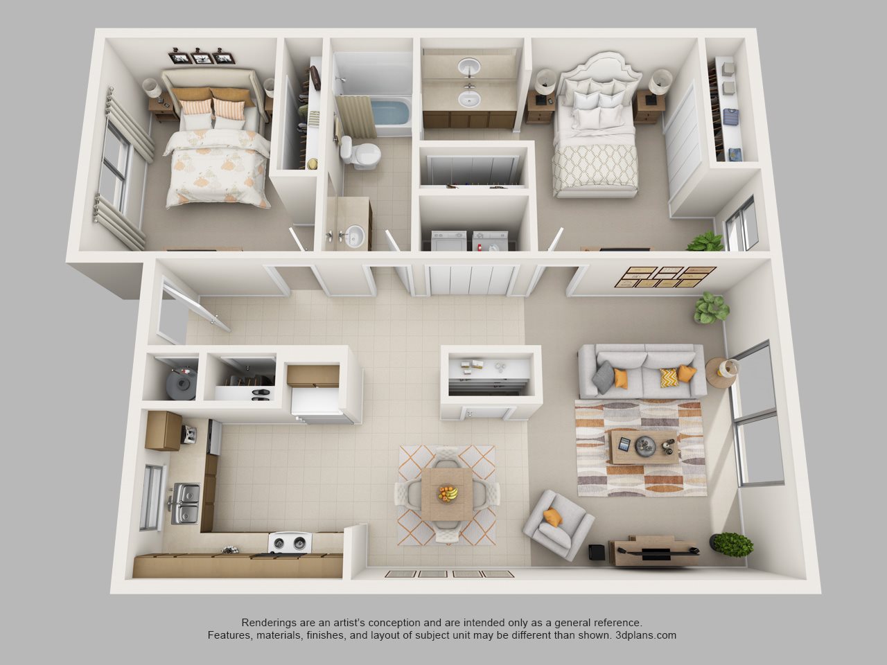 2 bed, 1.25 bath Floor Plan 2